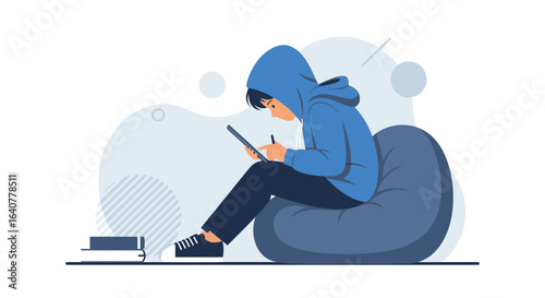 Illustration of a person with a hoodie using a tablet while sitting on a beanbag chair indoors