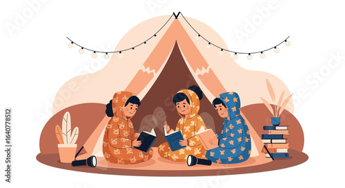 Illustrated scene of children reading in a cozy tent, perfect for illustrating pajama party fun