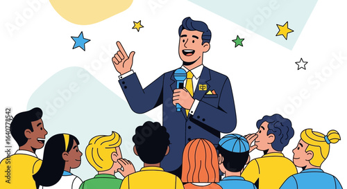 Illustrated speaker addressing diverse audience, emphasizing leadership skills and motivation