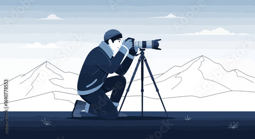 Illustration of a photographer in a winter landscape capturing the mountains with his camera