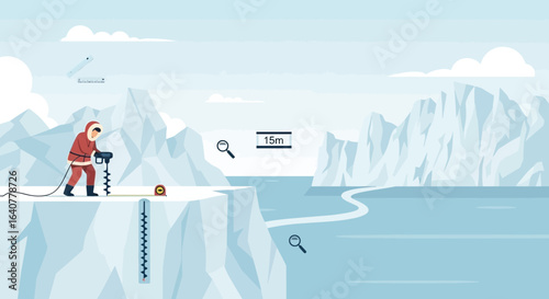 Illustration of a researcher drilling into arctic ice and measuring depth illustration