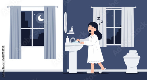 Illustration depicting a drowsy girl sleepwalking to the bathroom in the middle of the night in her pajamas
