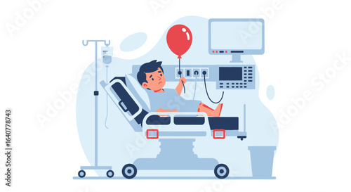 Illustration of a Sad Young Boy Laying in a Hospital Bed Holding a Red Balloon