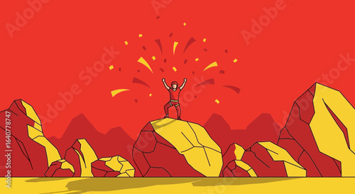 Illustration of a rock climber reaching the summit and celebrating with confetti a triumphant accomplishment