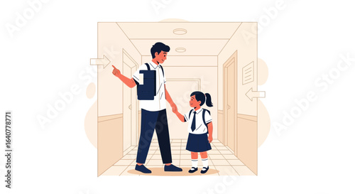 Illustration depicting a father escorting his daughter to school on a cheerful morning in the hallway