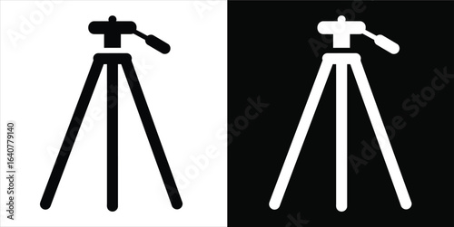 Simple black and white tripod icon for camera support and professional photography.