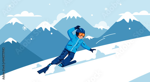 Illustration of a skier downhill on a snow covered mountain in a winter landscape scene with snowy mountains