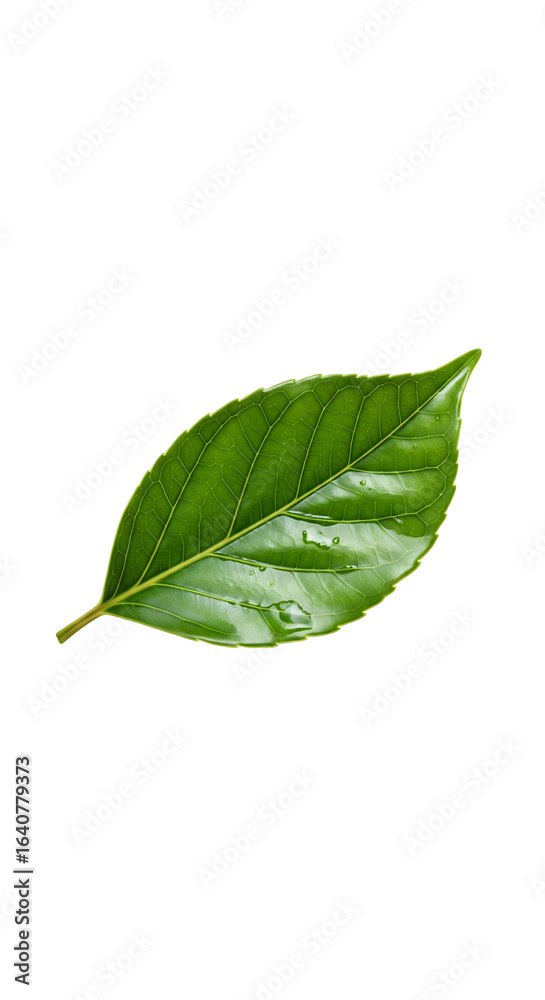 Fototapeta premium Fresh green leaf with water drops on a white background