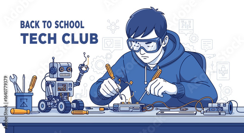 Illustration depicting a student working on electronics project in a tech club setting