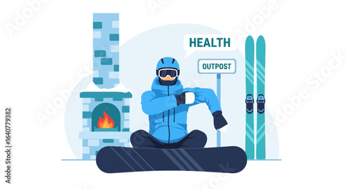Illustration of a snowboarder meditating in a winter cabin for sport and relaxation promoting a healthy lifestyle