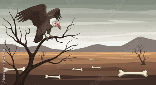 Gloomy Cartoon Vulture Perched On A Dead Tree In A Barren Landscape