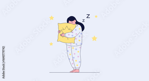 Illustration depicting a woman in pajamas hugging a pillow, conveying sleepiness and comfort in bedroom ambience