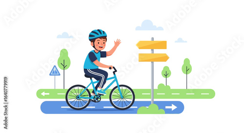 Illustration depicting a young cyclist enjoying a bike ride and waving cheerfully