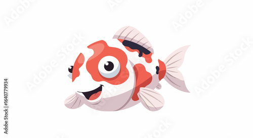 Charming cartoon koi fish character with red and white patterns. Happy smiling aquatic pet, a vector illustration isolated on a white background.