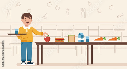 Illustration of a student serving a balanced school lunch in the cafeteria featuring healthy food choices