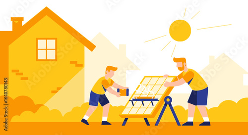 Illustration depicting installation of solar panels for sustainable energy source on residential building for energy efficiency
