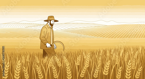 Illustration of a bearded farmer with a sickle standing in a wheat field on a sunny day featuring rolling hills