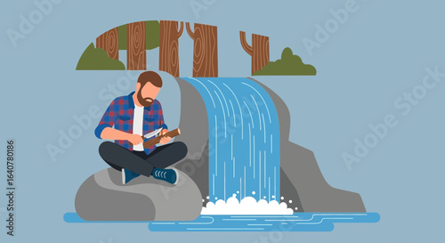Illustration of a bearded man carving wood by a waterfall in a serene landscape