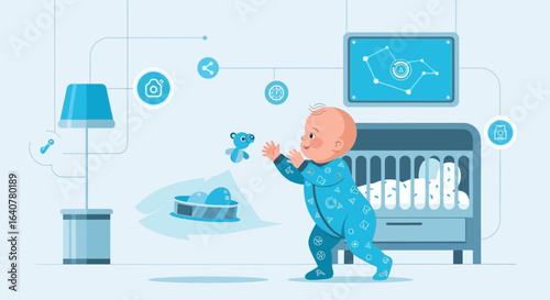 Illustration of a baby reaching for a toy in a modern nursery with connected devices