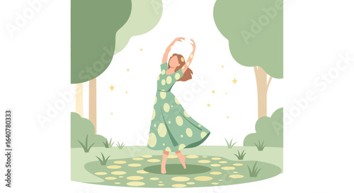 Graceful Woman Dancing in Green Meadow Under The Canopy of Trees