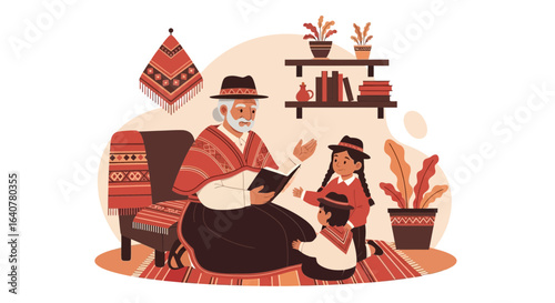 Grandfather reading a story to his grandchildren in traditional andean clothing indoors