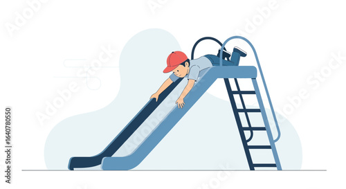 Illustration of a boy having fun on a slide in a park creating joyful memories happy childhood and outdoor activities in playful scenarios