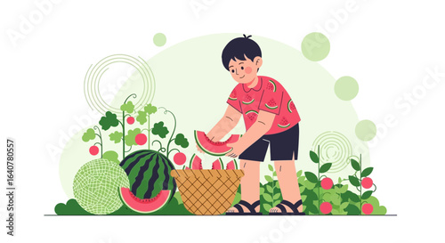 Illustration of a boy harvesting watermelons and tomatoes in a lush garden