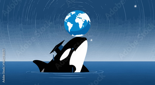 Illustration of a trained Orca balancing the world, signifying global conservation efforts