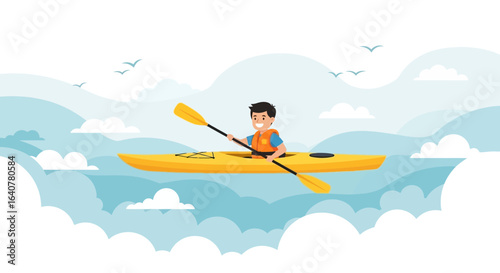 Illustration of a boy kayaking on a calm sea surrounded by clouds and birds for outdoor adventures and vacations vector background