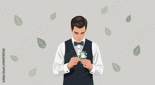 Groom In Formal Attire Carefully Attaches Boutonniere Before The Ceremony