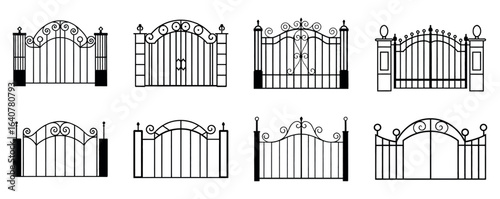 Set of iron wrought fences, gates, signboards and lanterns with decorative ornaments. Vector illustration.