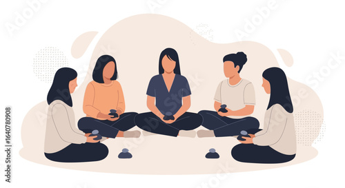 Group meditation session: five women sitting cross-legged in circle focusing minds