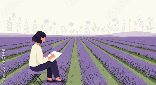 Illustration of a woman drawing in a lavender field with a peaceful ambiance