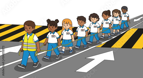 Group of Diverse School Children Learning Road Safety with Adult Supervision on Zebra Crossing