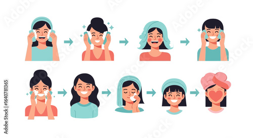 Illustration of a woman performing skincare routine steps for a healthy and glowing skin