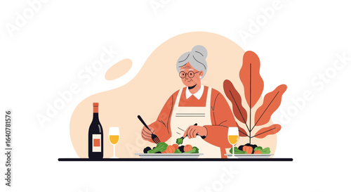 Illustration of a charming senior woman preparing a delicious salad with wine nearby enjoying a culinary pastime