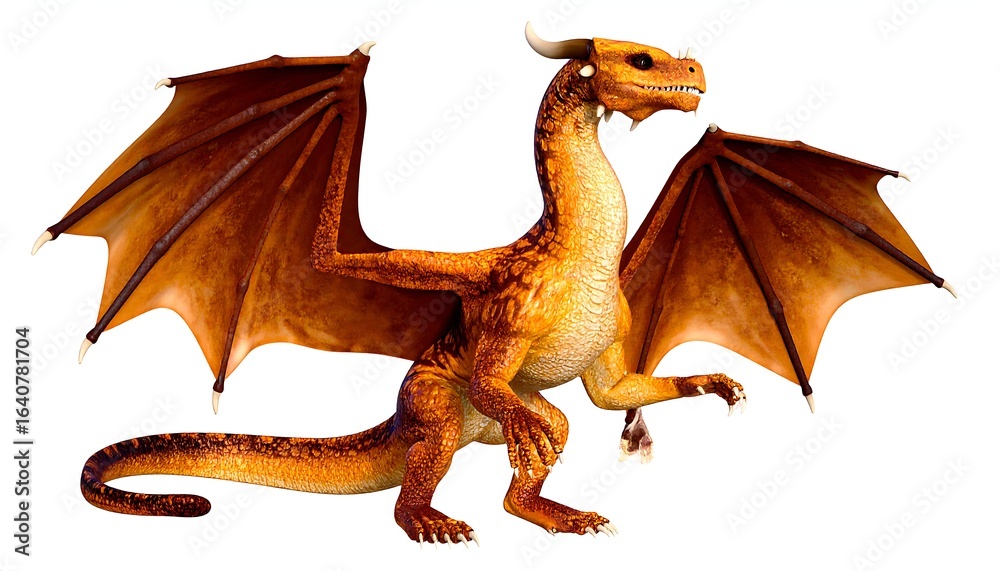 Fototapeta premium Amber dragon, wings outstretched, isolated on white