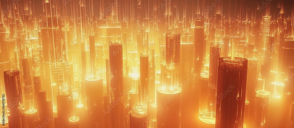Obraz premium Glowing orange futuristic city, digital art.