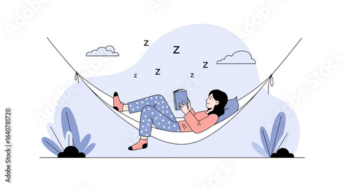 Illustration of a woman relaxing in a hammock while reading and eventually falling asleep peacefully in her pajamas