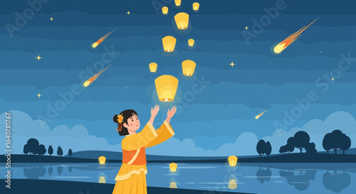 Illustration of a woman releasing sky lanterns during a festival celebration