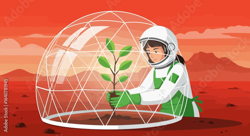 Growing Life On Mars A Female Astronaut Gardening In A Dome Illustration