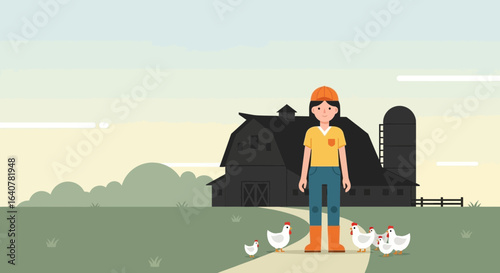 Illustration of a cheerful female farmer tending to her chickens on the farm rural setting