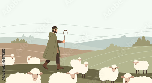 Guiding The Flock Scenic Depiction Of Shepherd Leading Sheep Across Pastoral Landscape