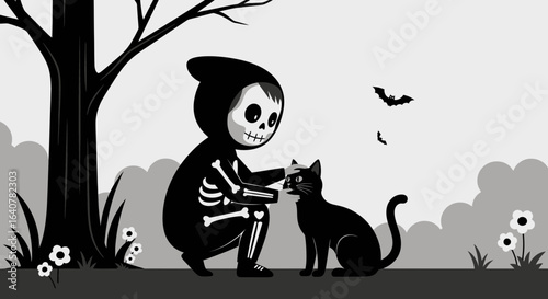 Halloween illustration of a child dressed as a skeleton petting a black cat in a spooky scenery