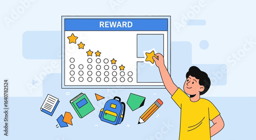 Illustration of a child using a reward chart for positive reinforcement and motivation to complete tasks