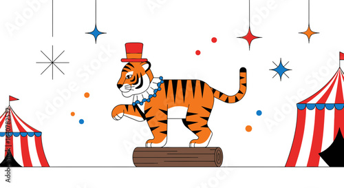 Illustration of a circus tiger with a hat performing balancing act on a log