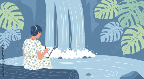 Illustration of a woman sketching by a waterfall, peaceful outdoor scene with lush vegetation and serene natural beauty creating an artistic moment