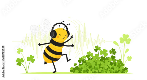 Happy Bee Dancing with Headphones Listening to Music Near Clover Patch