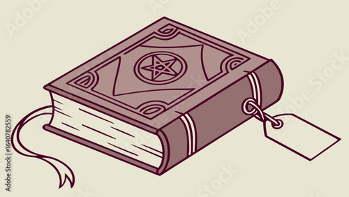 A mystical ancient spellbook with a prominent pentagram on its cover a ribbon bookmark and a blank tag attached hinting at hidden knowledge