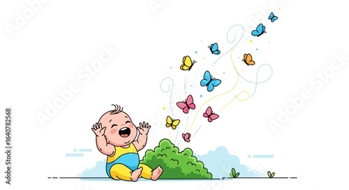 Happy Baby Discovering a Flight of Butterflies in a Whimsical Garden Scene